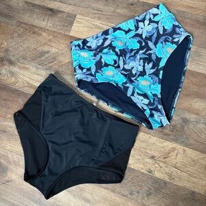Women’s High-Waist Bikini Bottoms - Black & Teal Floral
